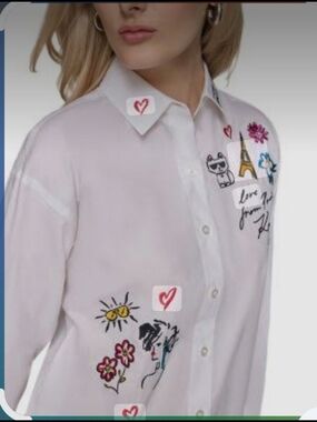 Karl Lagerfeld White Button-Down Shirt with Colorful Embroidery